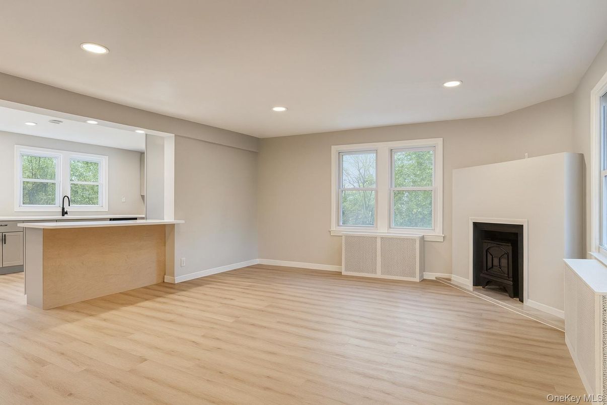 Empty room, Fireplace, Interior, Recessed Lighting, Wood Texture Flooring