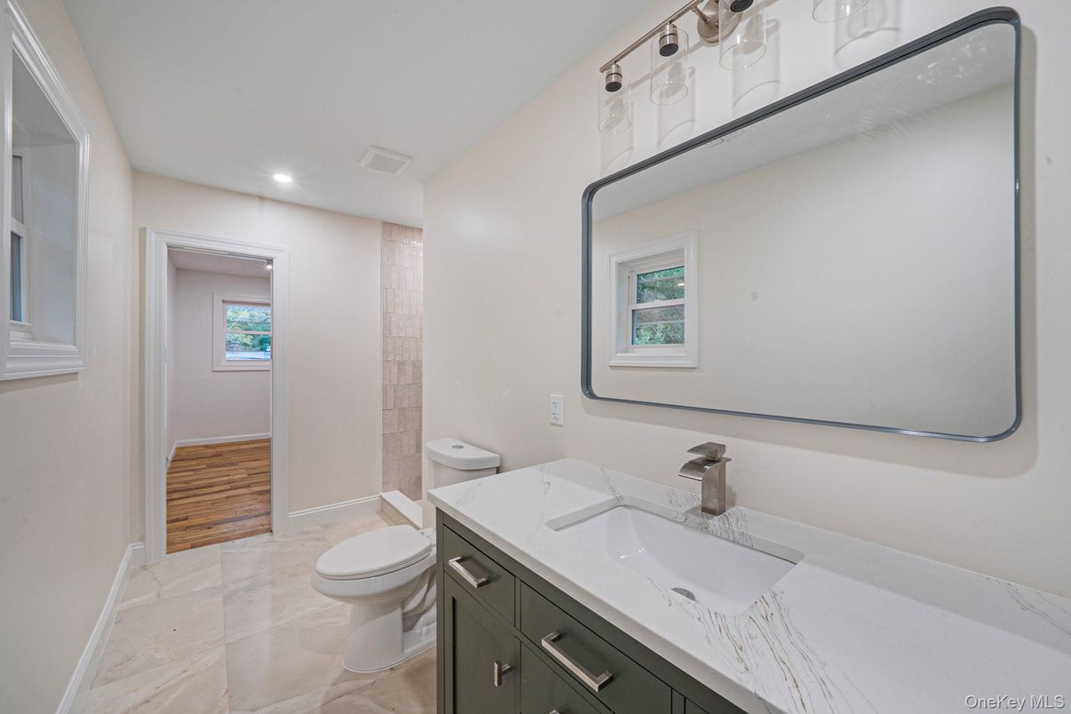 Bathroom, Interior, Recessed Lighting, Wood Texture Flooring