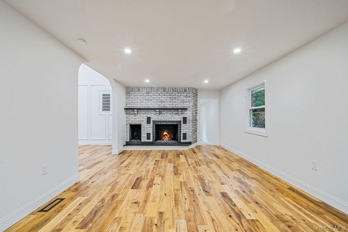 Empty room, Fireplace, Interior, Recessed Lighting, Wood Texture Flooring