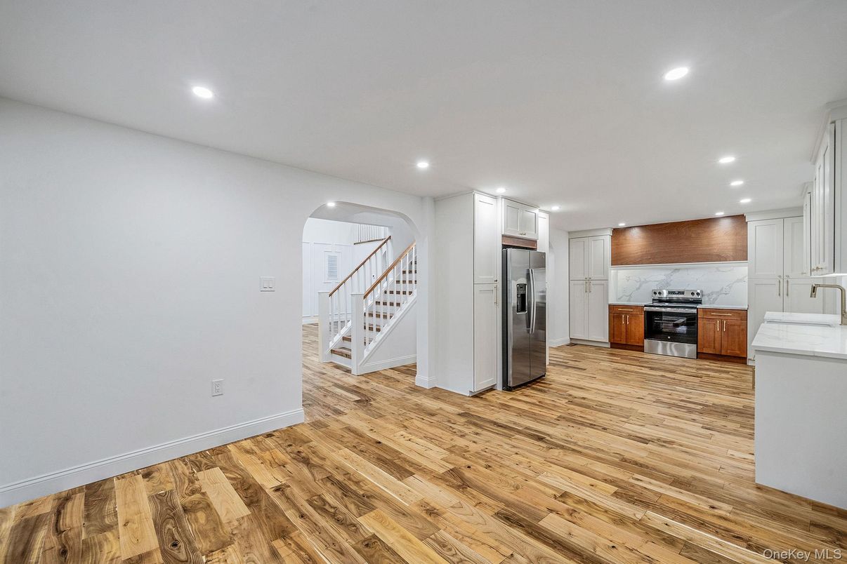 Interior, Kitchen, Recessed Lighting, Stainless Steel Appliances, Wood Texture Flooring