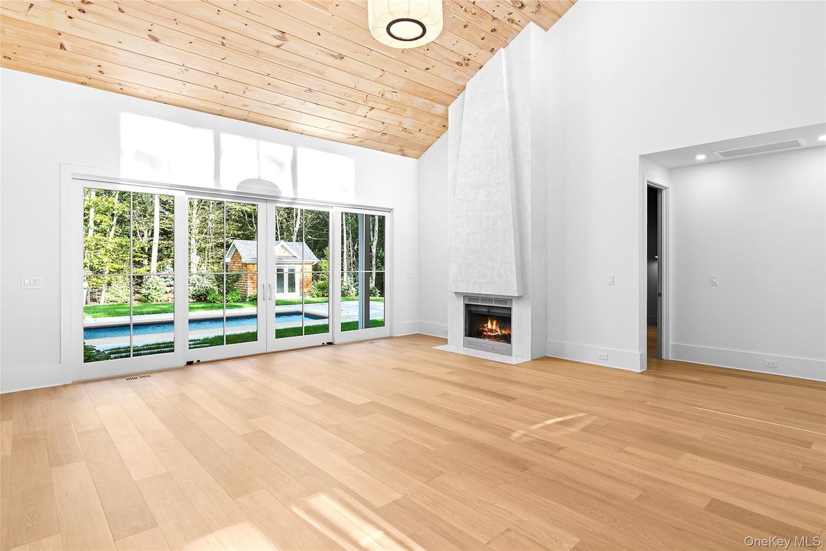 Empty room, Fireplace, Interior, Recessed Lighting, Wooden Ceilings, Wood Texture Flooring