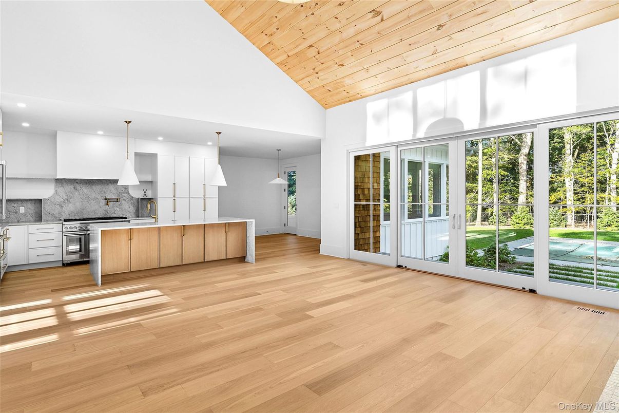 Interior, Kitchen, Pendant Lights, Recessed Lighting, Stainless Steel Appliances, Wooden Ceilings, Wood Texture Flooring