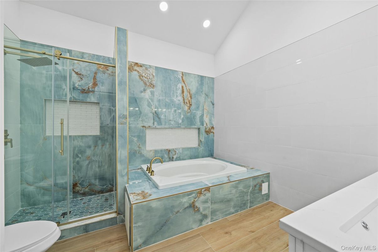 Bathroom, Glass Shower, Interior, Recessed Lighting, Wood Texture Flooring