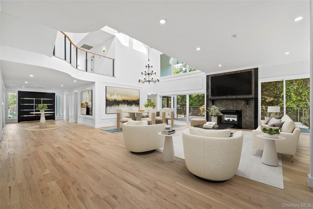 Dining room, Fireplace, Interior, Living room, Pendant Lights, Recessed Lighting, Wood Texture Flooring
