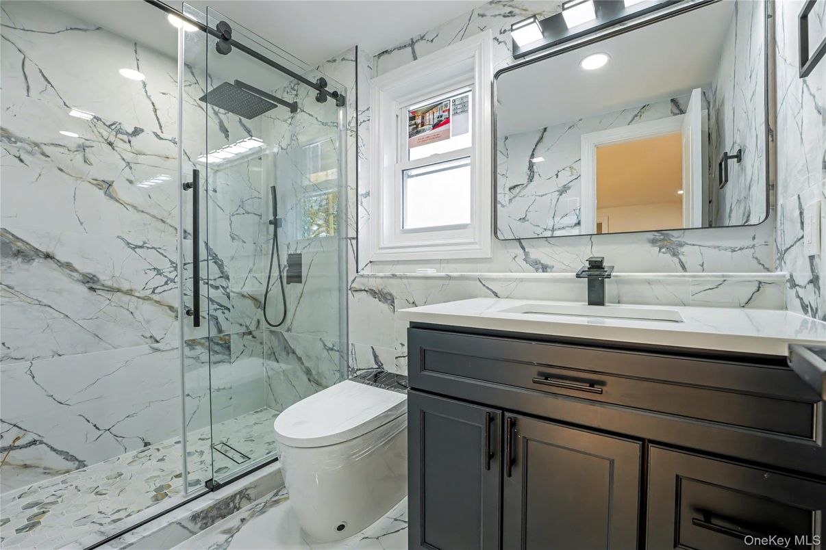 Bathroom, Glass Shower, Interior, Marble, Marble Walls, Recessed Lighting