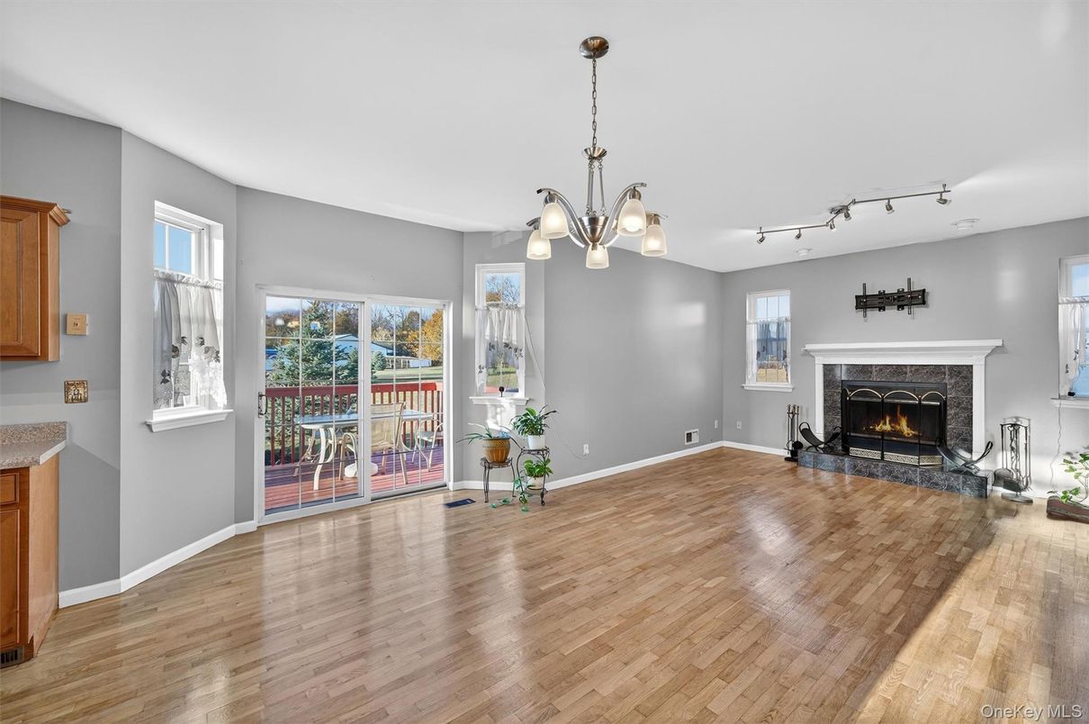 Empty room, Fireplace, Interior, Pendant Lights, Wood Texture Flooring