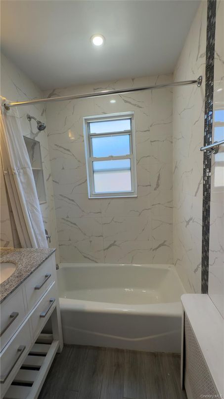 Bathroom, Interior, Marble Walls, Recessed Lighting, Wood Texture Flooring
