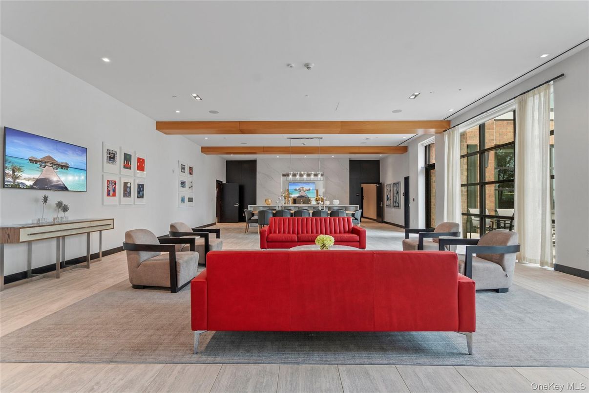 Dining room, Interior, Living room, Pendant Lights, Recessed Lighting, Wooden Beams, Wood Texture Flooring