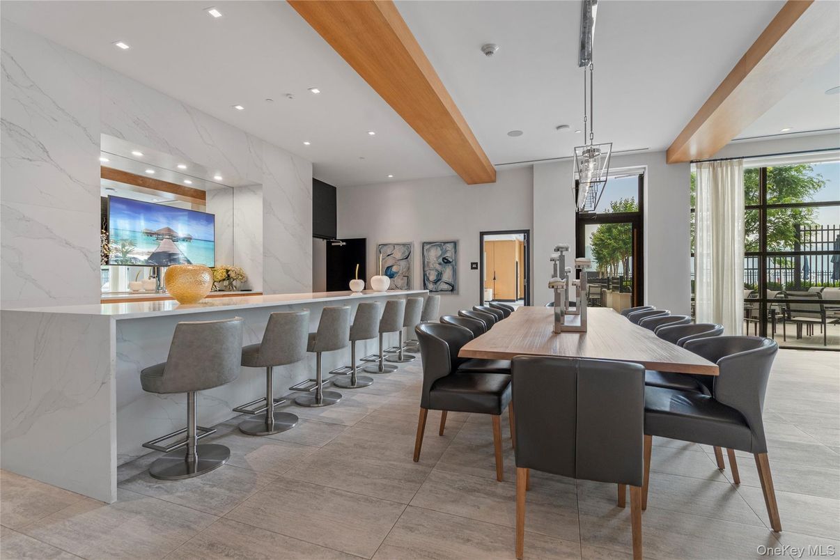 Dining room, Interior, Marble Walls, Pendant Lights, Recessed Lighting, Wooden Beams