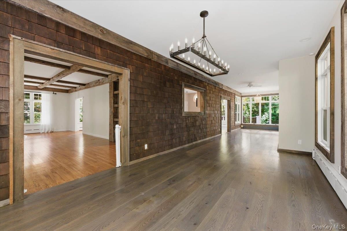 Chandelier, Empty room, Interior, Pendant Lights, Stone Walls, Wooden Beams, Wood Texture Flooring