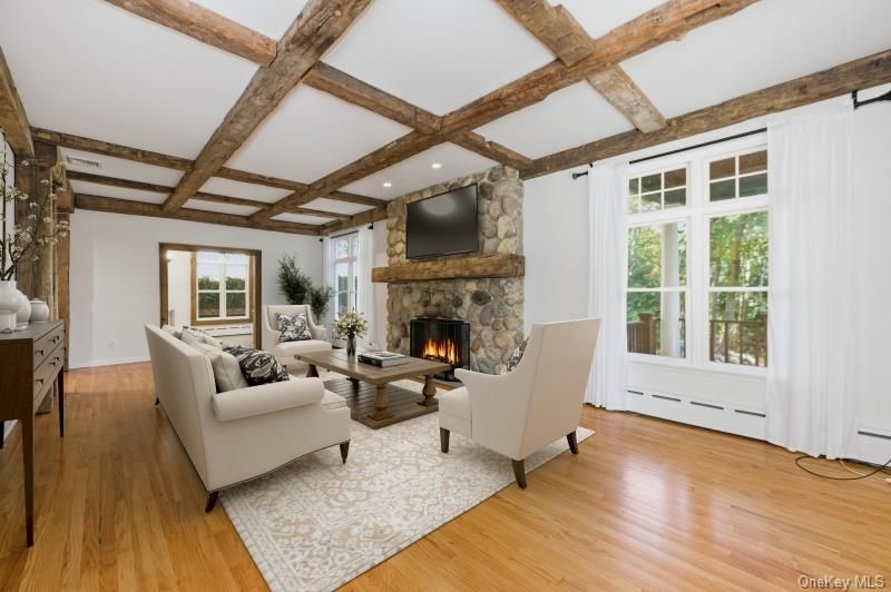 Fireplace, Interior, Living room, Recessed Lighting, Wooden Beams, Wood Texture Flooring