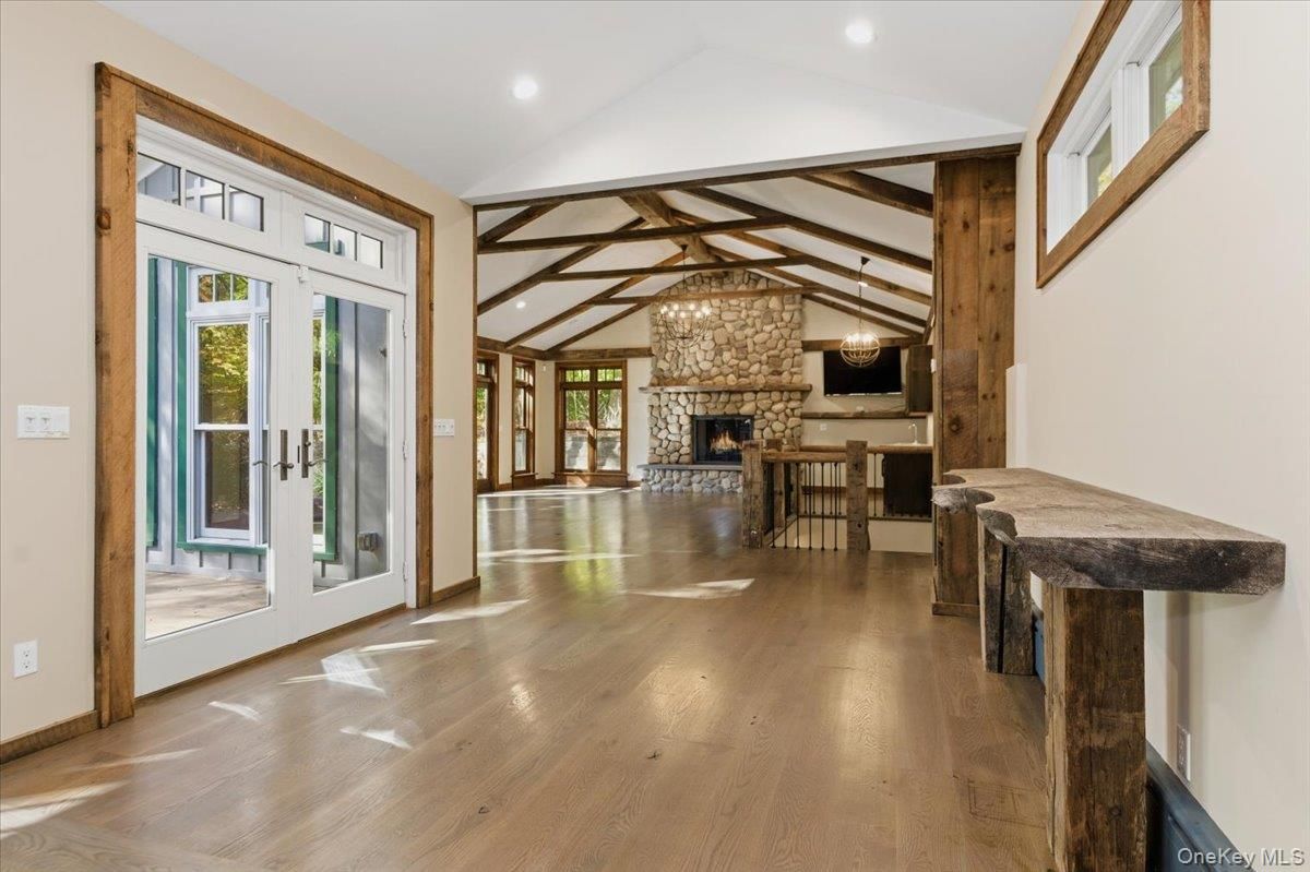 Dining room, Fireplace, Interior, Recessed Lighting, Wooden Beams, Wood Texture Flooring