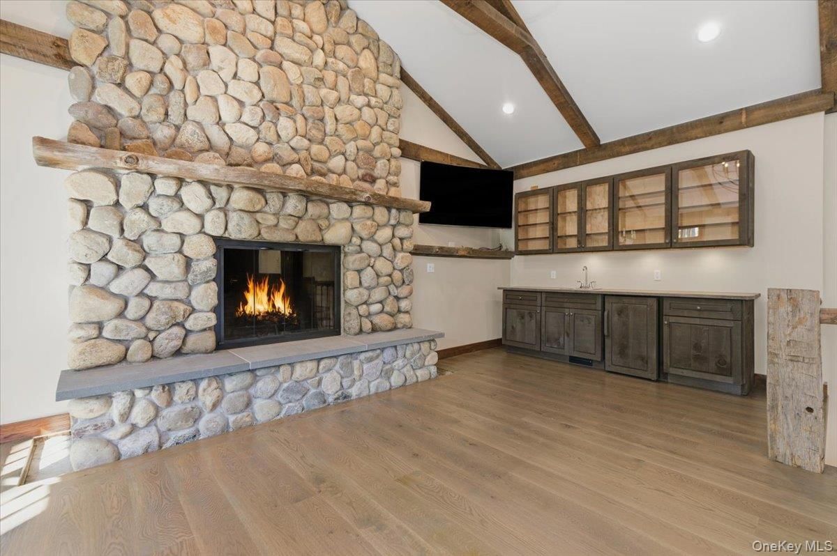 Fireplace, Interior, Recessed Lighting, Stone Walls, Wooden Beams, Wood Texture Flooring
