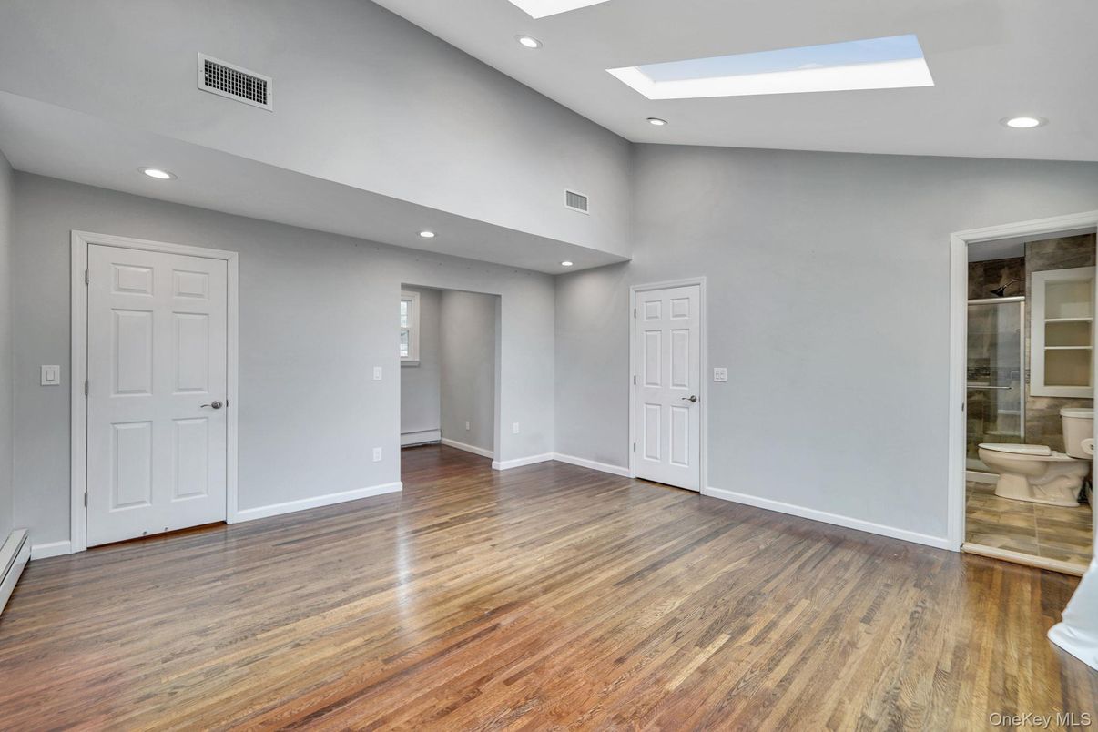 Bathroom, Empty room, Interior, Recessed Lighting, Wood Texture Flooring