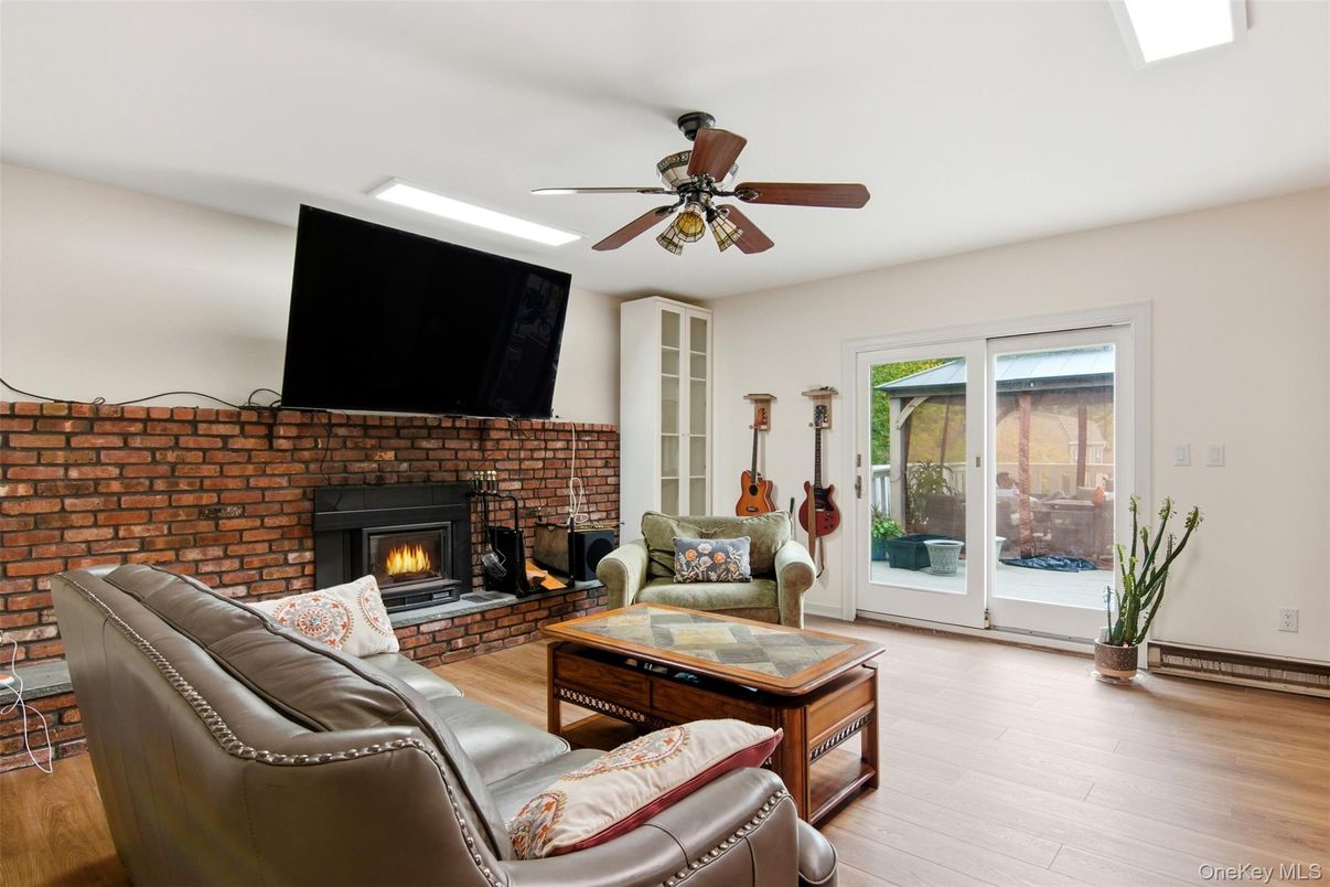 Fireplace, Interior, Living room, Stone Walls, Wood Texture Flooring