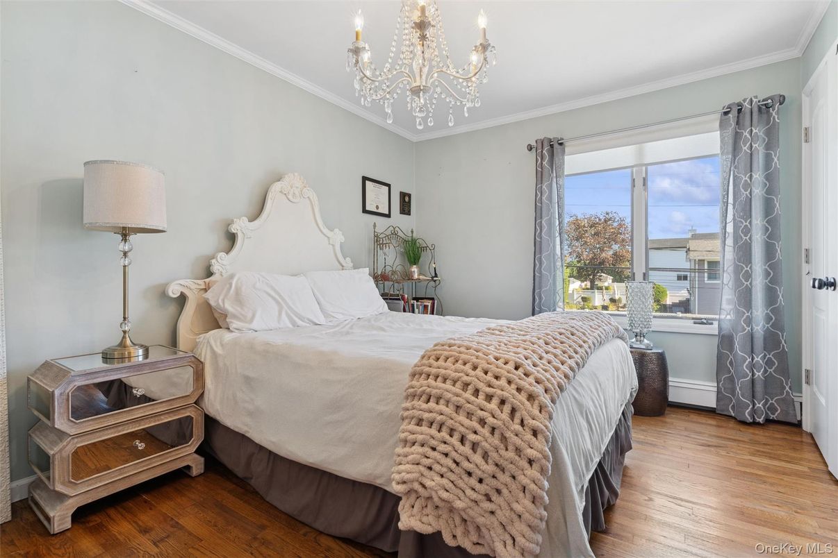 Bedroom, Chandelier, Interior, Wood Texture Flooring