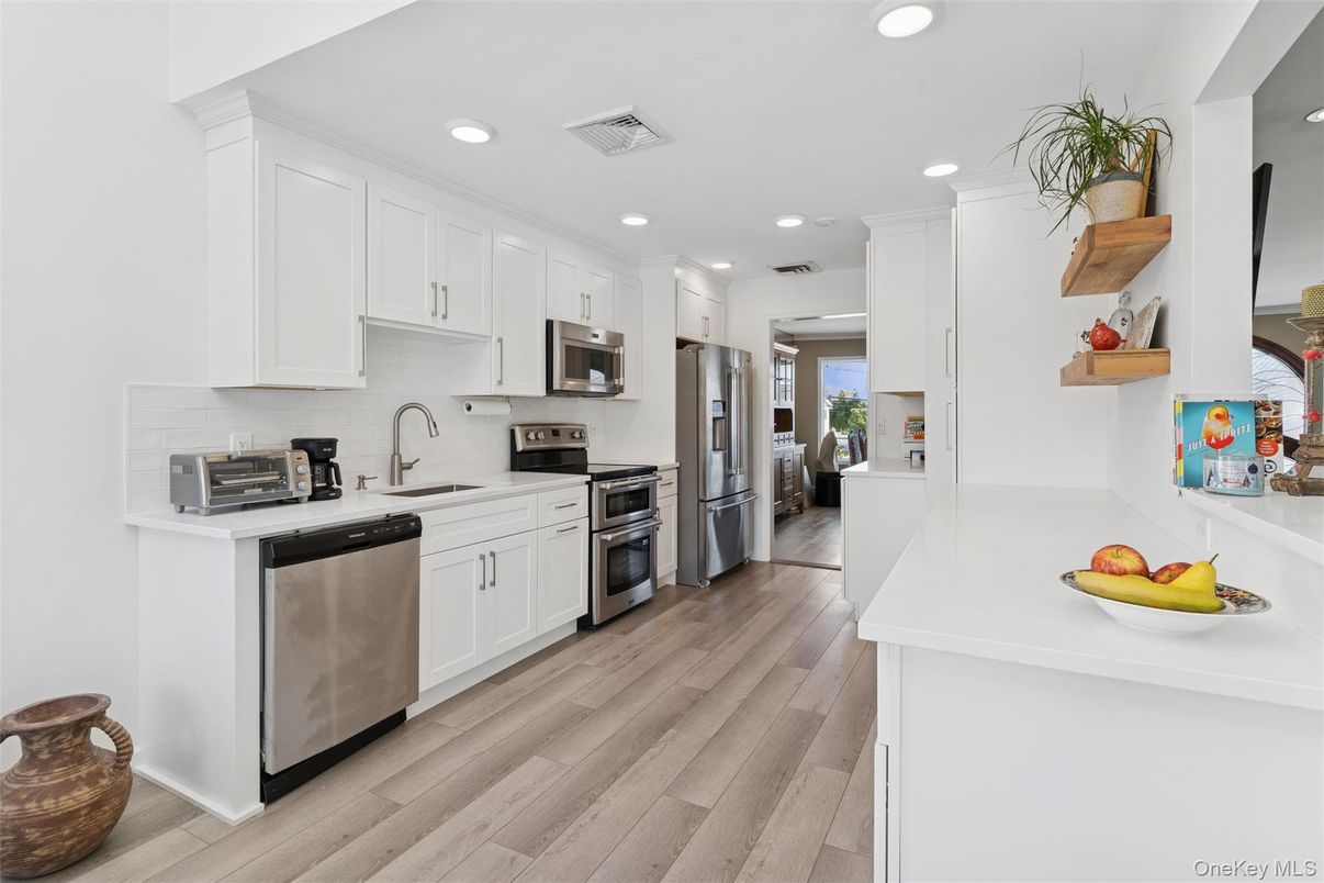 Interior, Kitchen, Recessed Lighting, Stainless Steel Appliances, Wood Texture Flooring