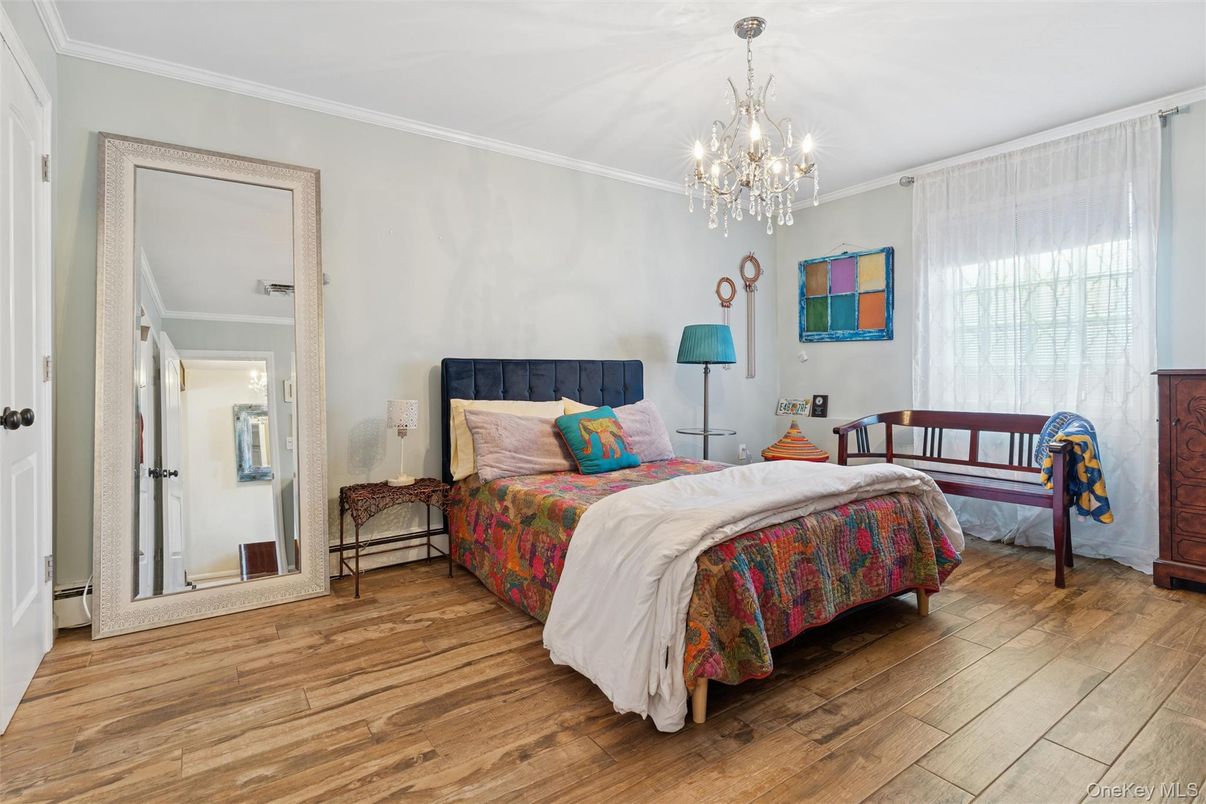 Bedroom, Chandelier, Interior, Wood Texture Flooring