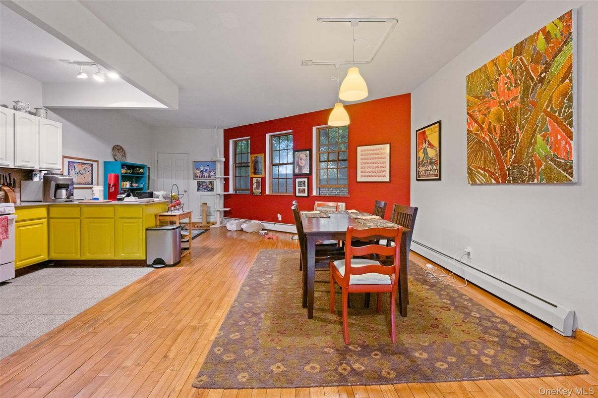 Dining room, Interior, Kitchen, Pendant Lights, Wood Texture Flooring