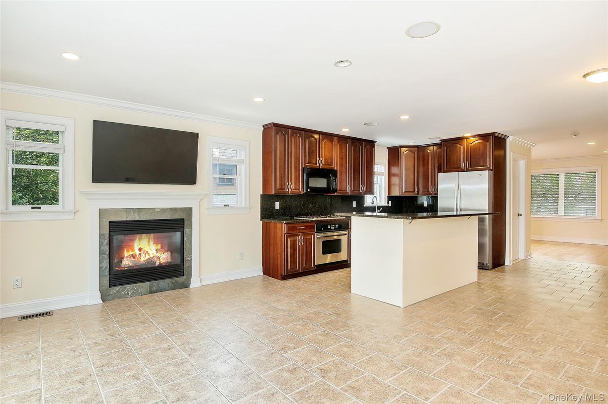 Fireplace, Interior, Kitchen, Recessed Lighting, Stainless Steel Appliances