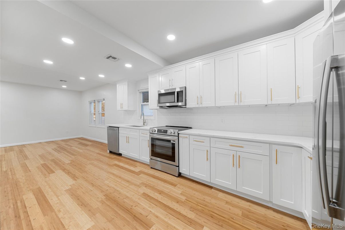 Interior, Kitchen, Recessed Lighting, Stainless Steel Appliances, Wood Texture Flooring
