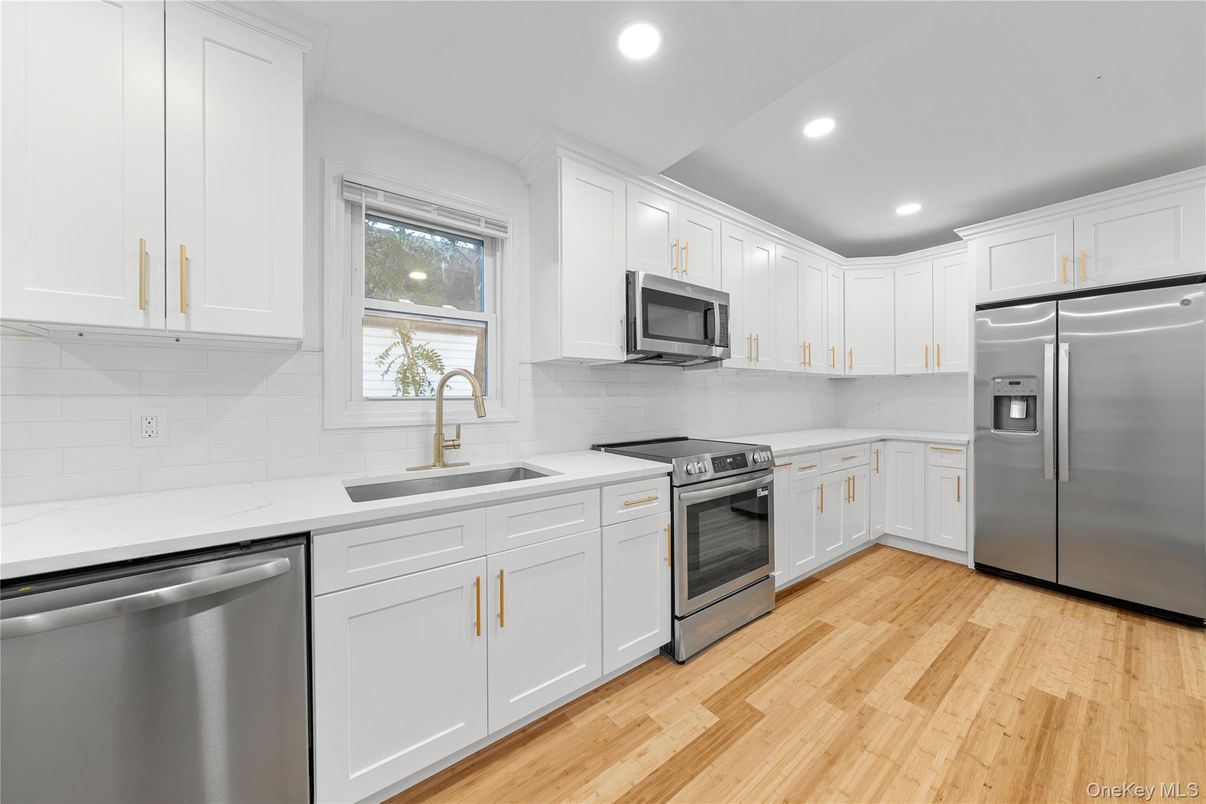 Interior, Kitchen, Recessed Lighting, Stainless Steel Appliances, Wood Texture Flooring