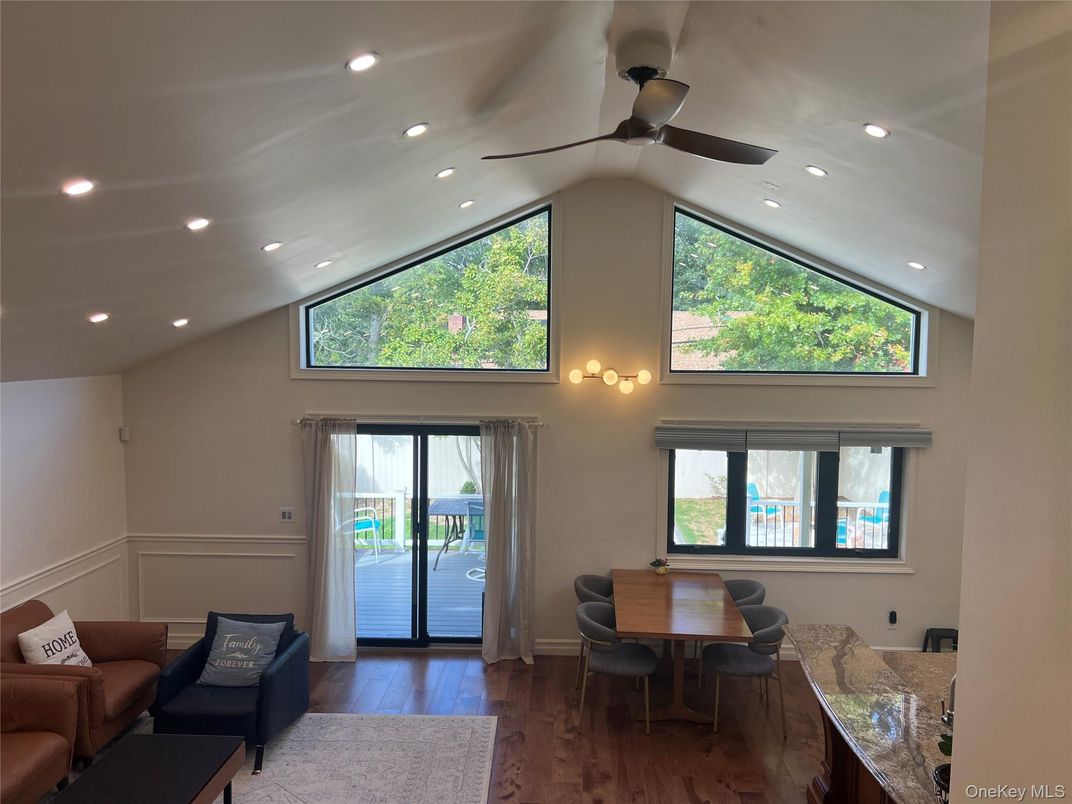 Dining room, Interior, Living room, Recessed Lighting, Wood Texture Flooring
