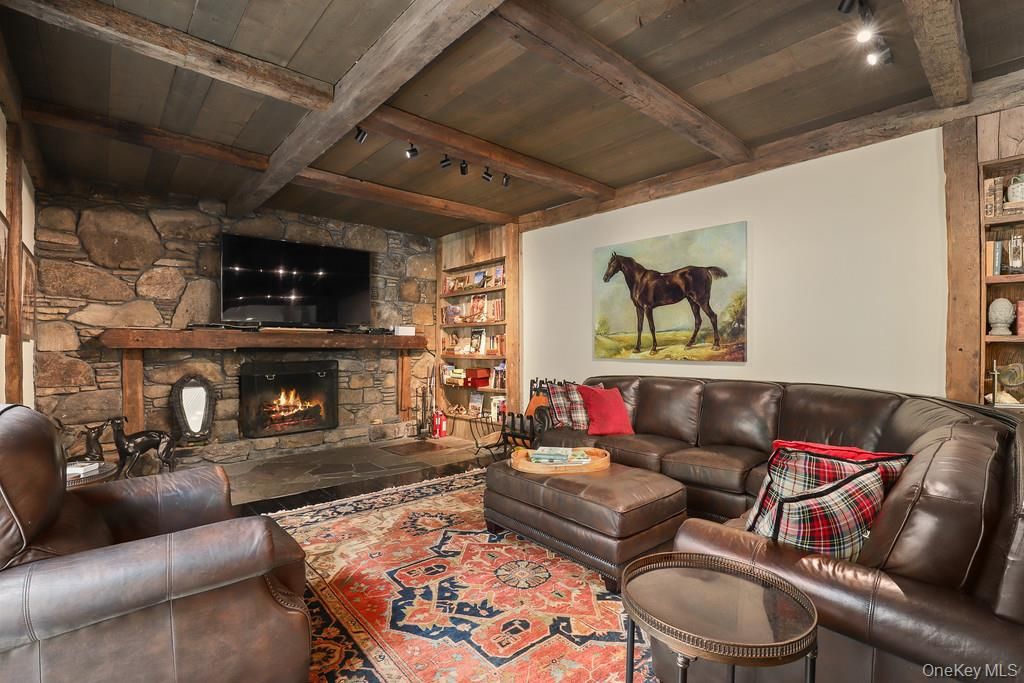 Fireplace, Interior, Living room, Recessed Lighting, Stone Walls, Wooden Beams