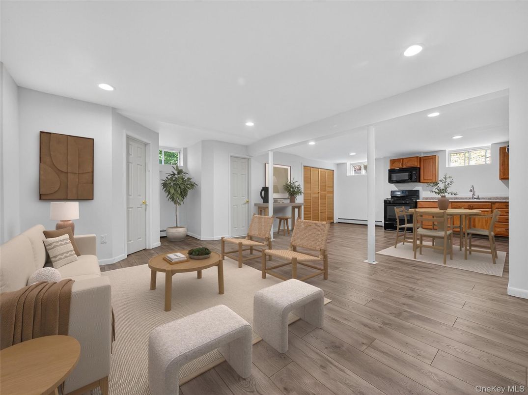Dining room, Interior, Kitchen, Living room, Recessed Lighting, Wood Texture Flooring