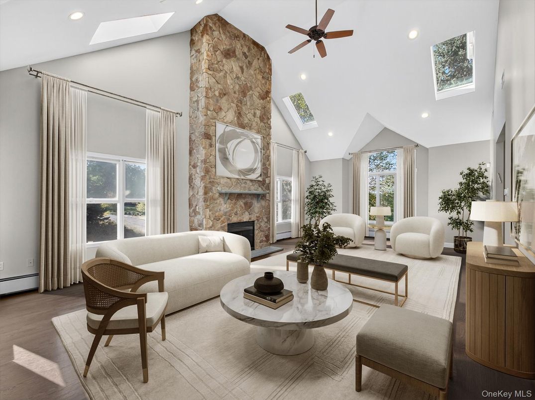 Fireplace, Interior, Living room, Recessed Lighting, Stone Walls, Wood Texture Flooring