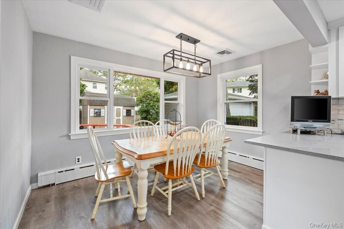Dining room, Interior, Pendant Lights, Wood Texture Flooring