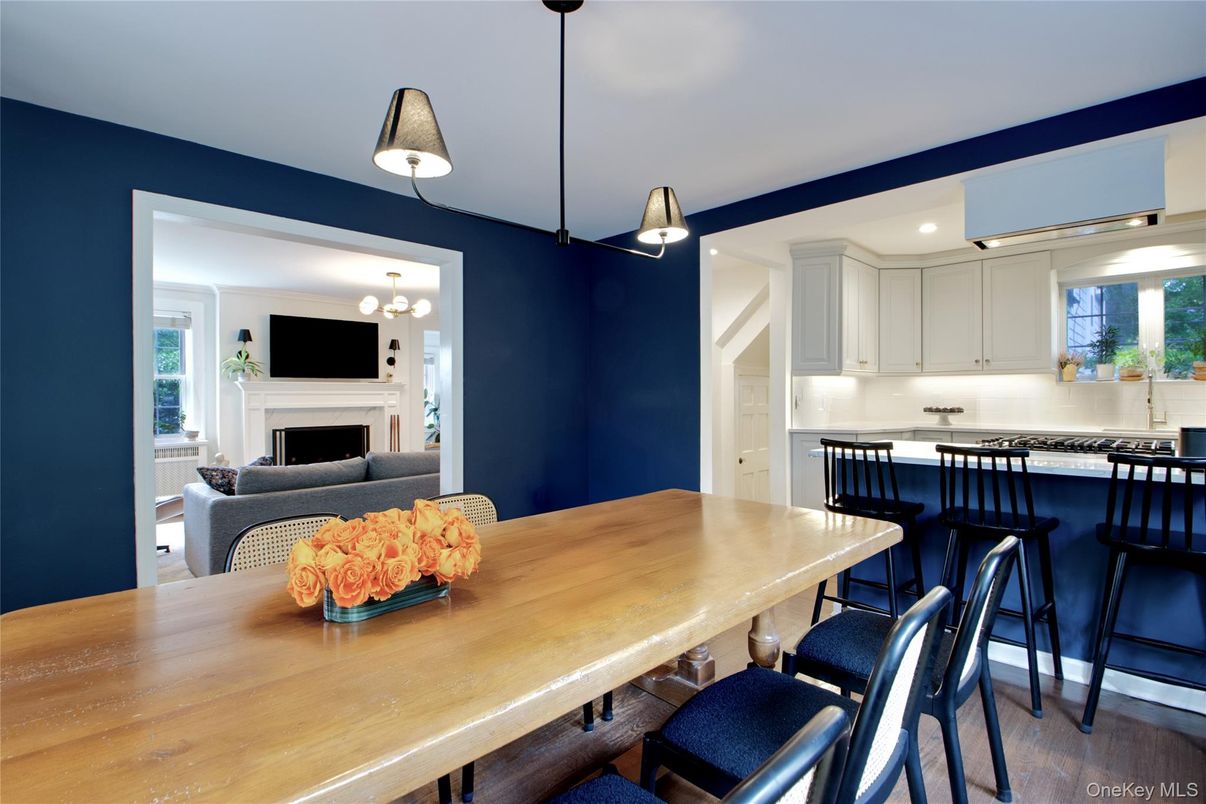 Dining room, Fireplace, Interior, Kitchen, Pendant Lights, Recessed Lighting, Wood Texture Flooring
