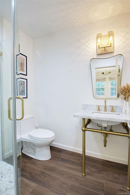 Bathroom, Glass Shower, Interior, Wood Texture Flooring