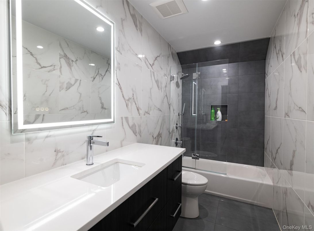 Bathroom, Glass Shower, Interior, Marble Walls, Recessed Lighting