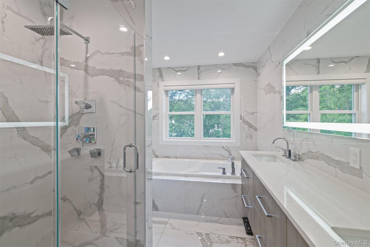 Bathroom, Glass Shower, Interior, Marble, Marble Walls, Recessed Lighting