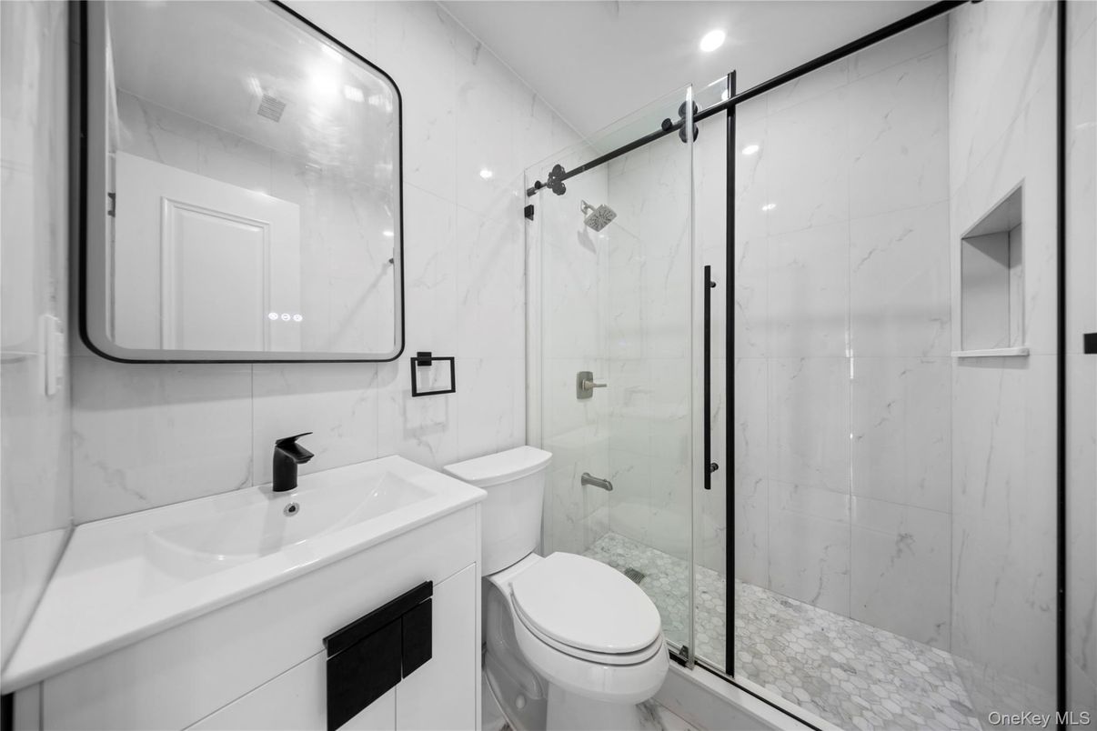Bathroom, Glass Shower, Interior, Marble Walls, Recessed Lighting