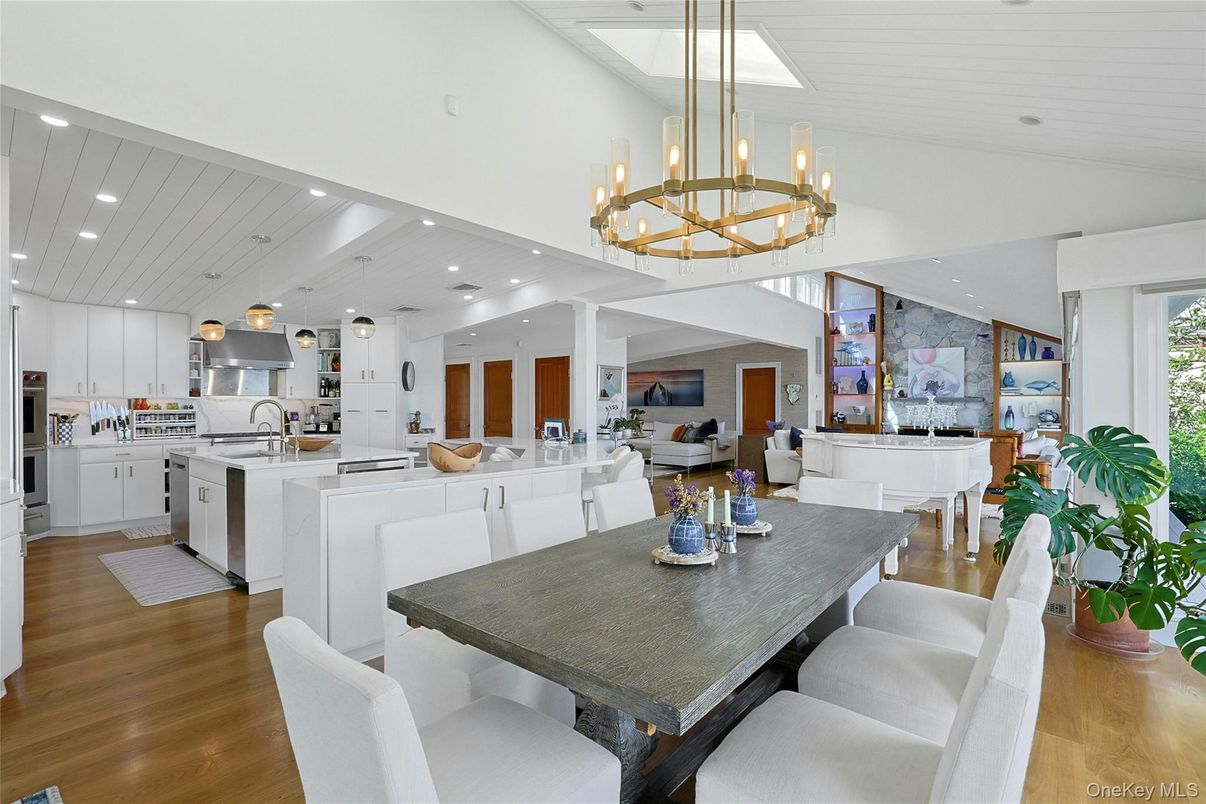 Chandelier, Dining room, Interior, Kitchen, Living room, Pendant Lights, Recessed Lighting, Wood Texture Flooring