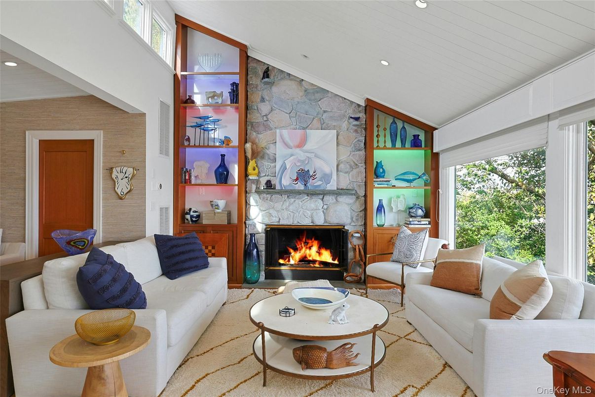 Fireplace, Interior, Living room, Recessed Lighting, Stone Walls