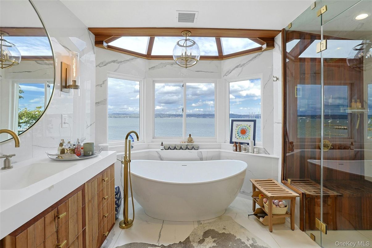 Bathroom, Free Standing Baths, Glass Shower, Interior, Marble Walls, Water