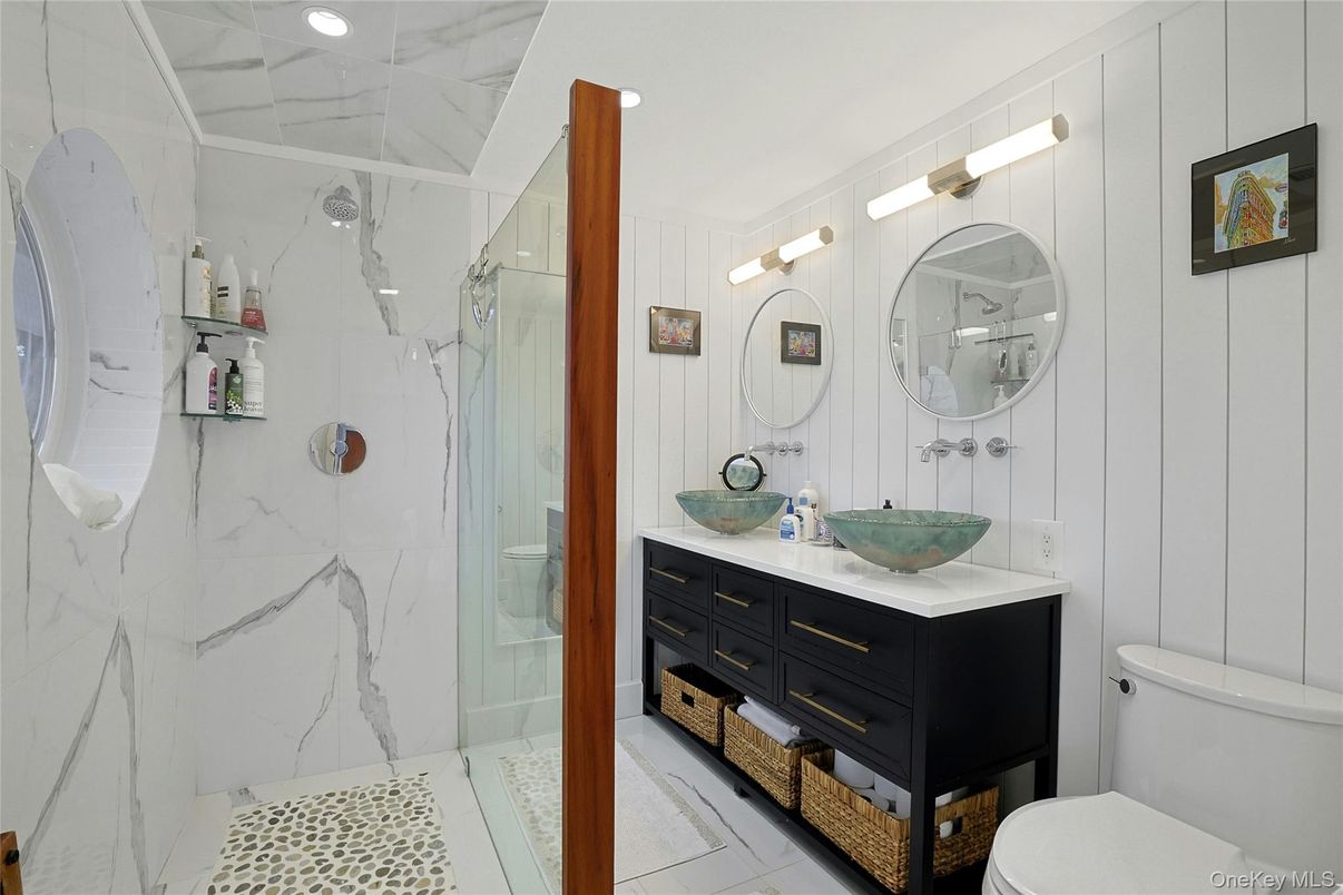 Bathroom, Glass Shower, Interior, Marble Walls, Recessed Lighting