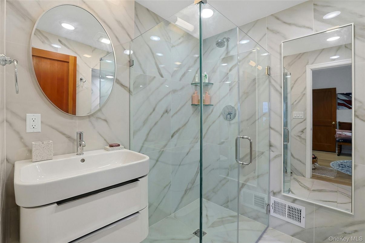 Bathroom, Glass Shower, Interior, Marble Walls, Recessed Lighting