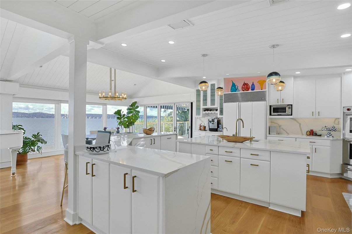 Interior, Kitchen, Pendant Lights, Recessed Lighting, Stainless Steel Appliances, Water, Wood Texture Flooring