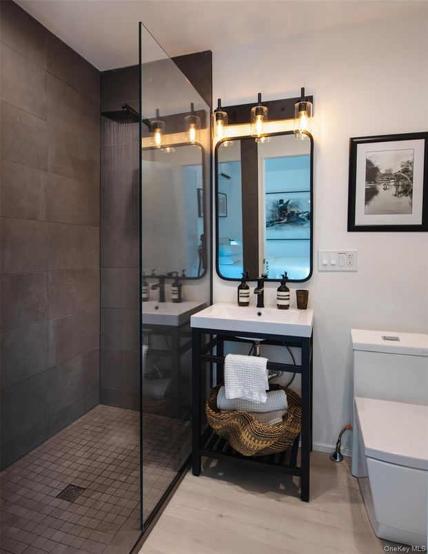 Bathroom, Glass Shower, Interior, Wood Texture Flooring