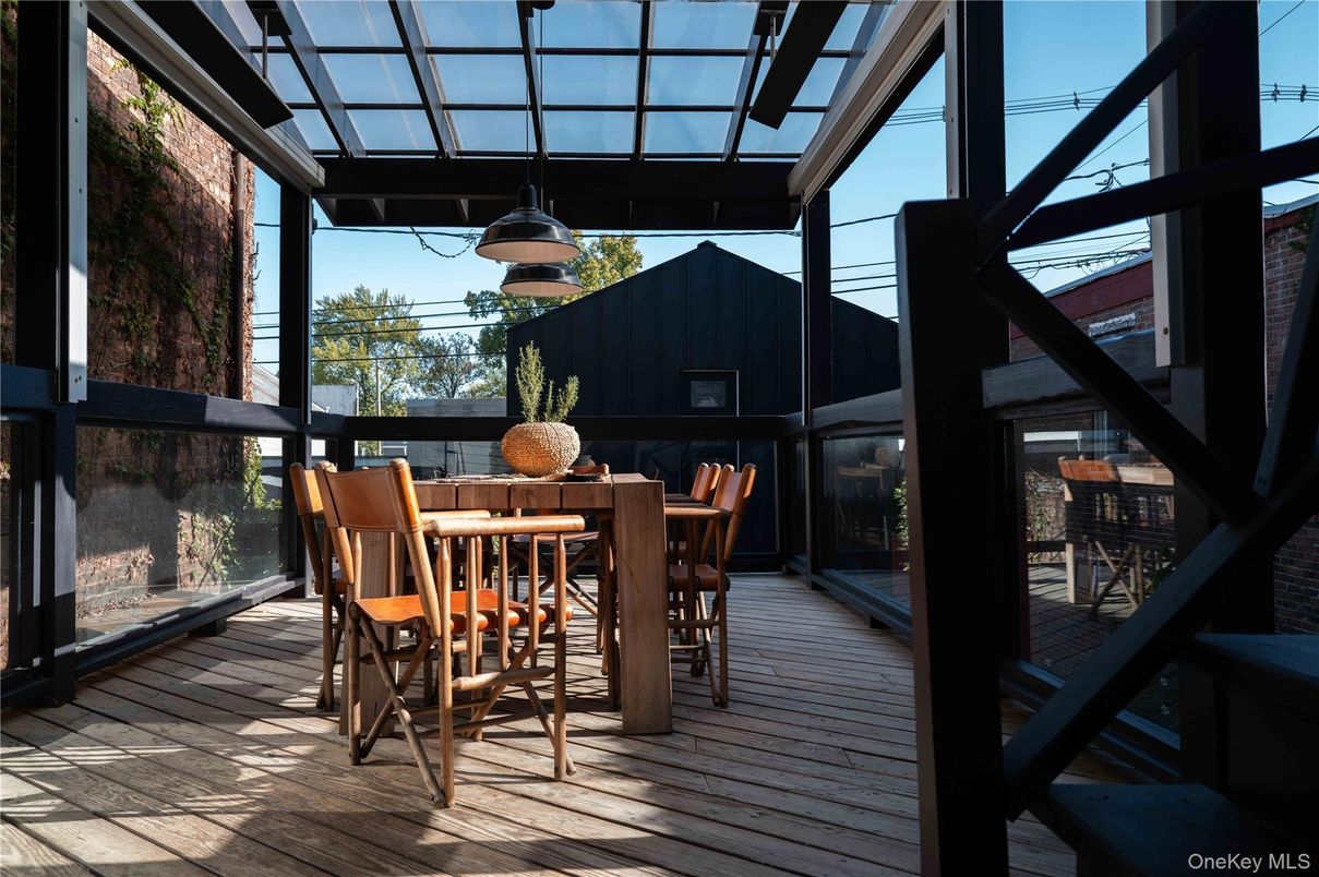 Dining room, Exterior, Pendant Lights, Wood Texture Flooring