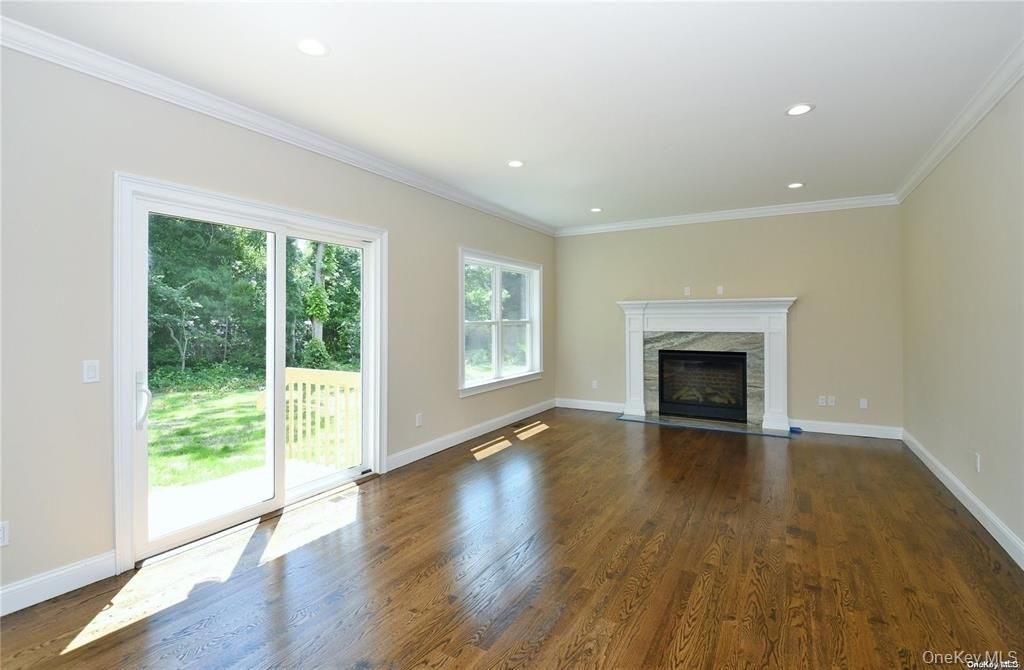 Empty room, Fireplace, Interior, Recessed Lighting, Wood Texture Flooring