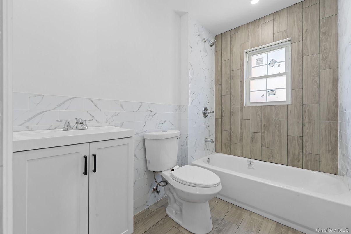 Bathroom, Interior, Marble Walls, Recessed Lighting, Wood Texture Flooring