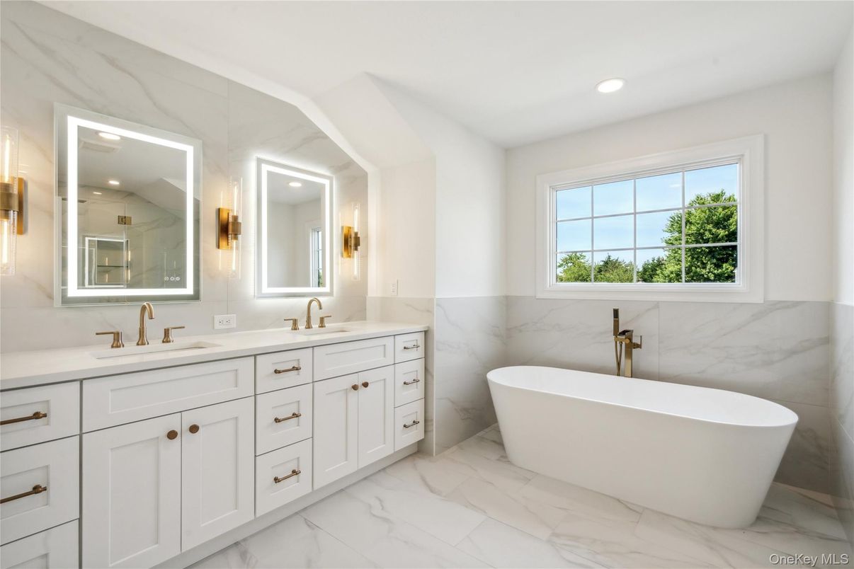 Bathroom, Dual Sink Vanities, Free Standing Baths, Interior, Marble, Marble Walls, Recessed Lighting