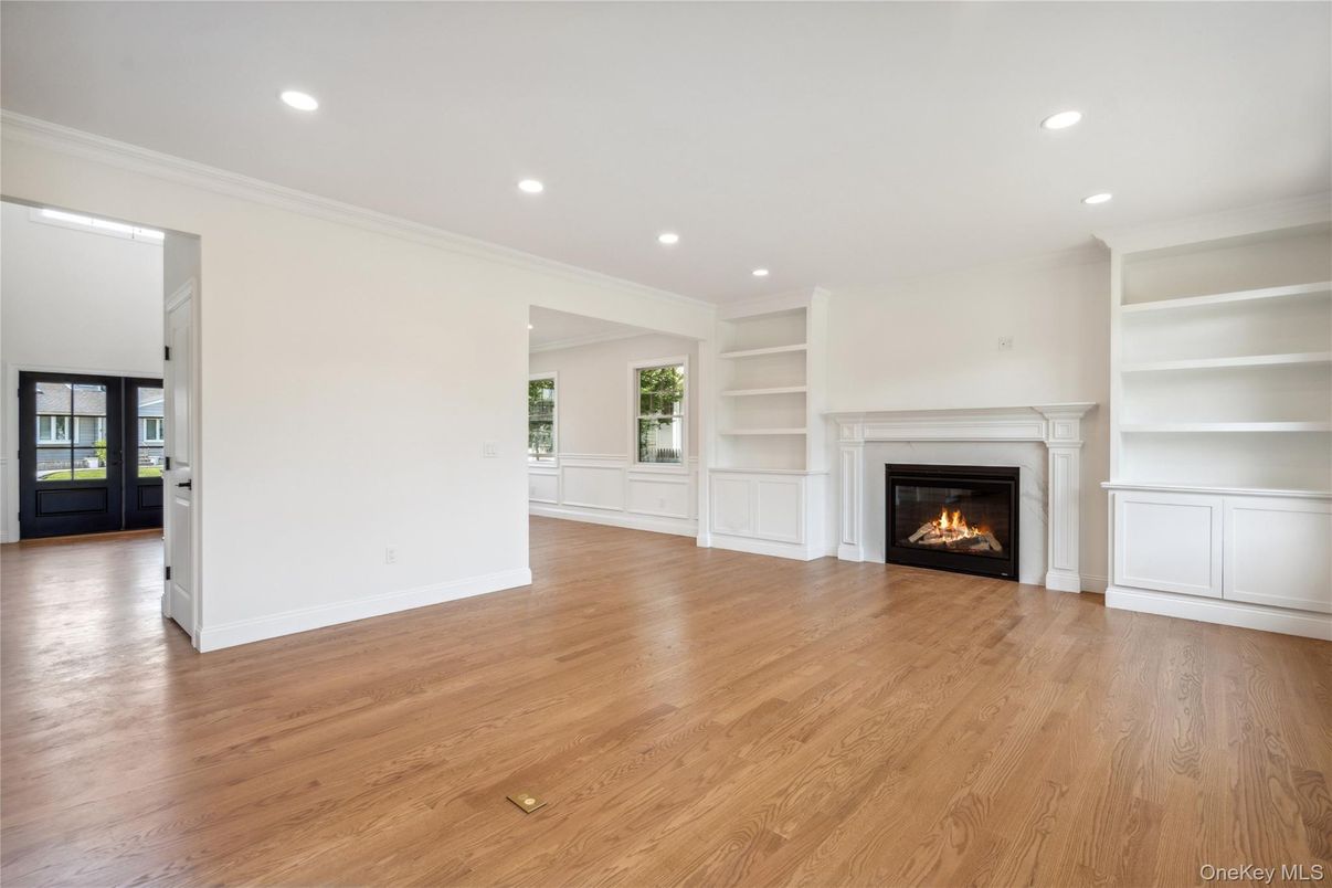 Empty room, Fireplace, Interior, Recessed Lighting, Wood Texture Flooring