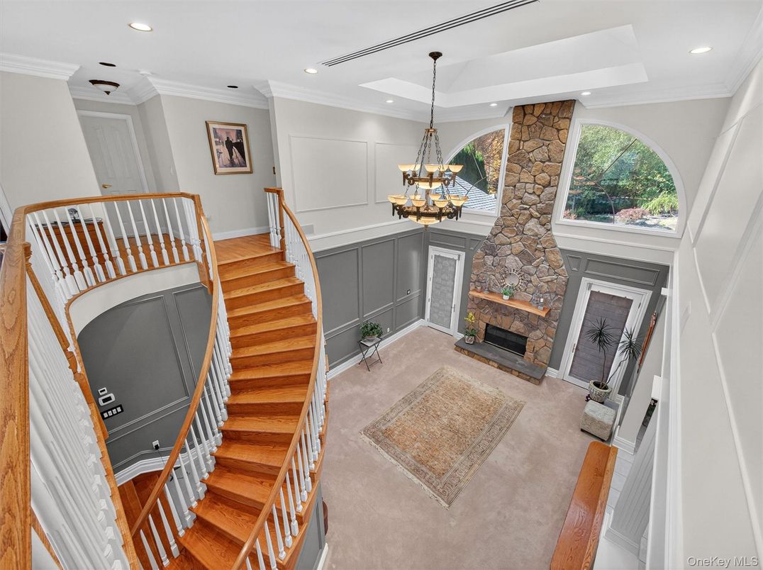 Chandelier, Fireplace, Interior, Pendant Lights, Recessed Lighting, Stone Walls