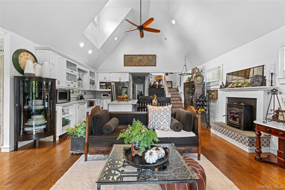 Fireplace, Interior, Kitchen, Living room, Recessed Lighting, Wood Texture Flooring